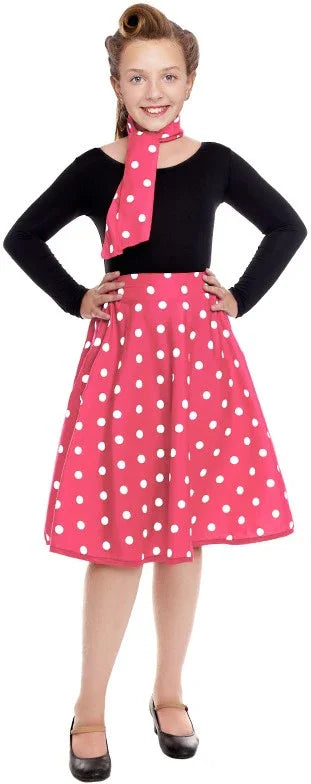 Falda Años 50 Rosa con Lunares Blancos Infantil Grease y Años 40-50 Infantiles Partilandia